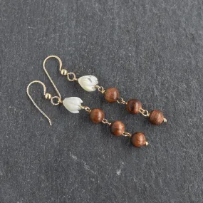 8mm Pikake Earrings with Triple Dangling Rosewood Bead Earrings