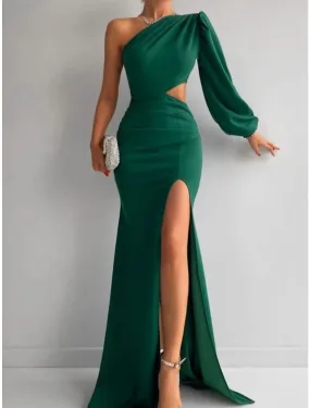 A-Line Evening Gown Elegant Dress Formal Sweep / Brush Train Formal Red Green Dress Long Sleeve One Shoulder Stretch Fabric with Pleats Ruched Slit