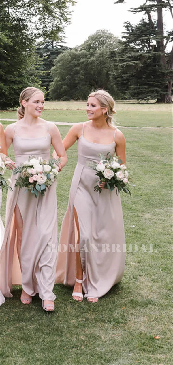 A-line Spaghetti Straps Scoop Neck Bridesmaid Dresses With Split, BD0634