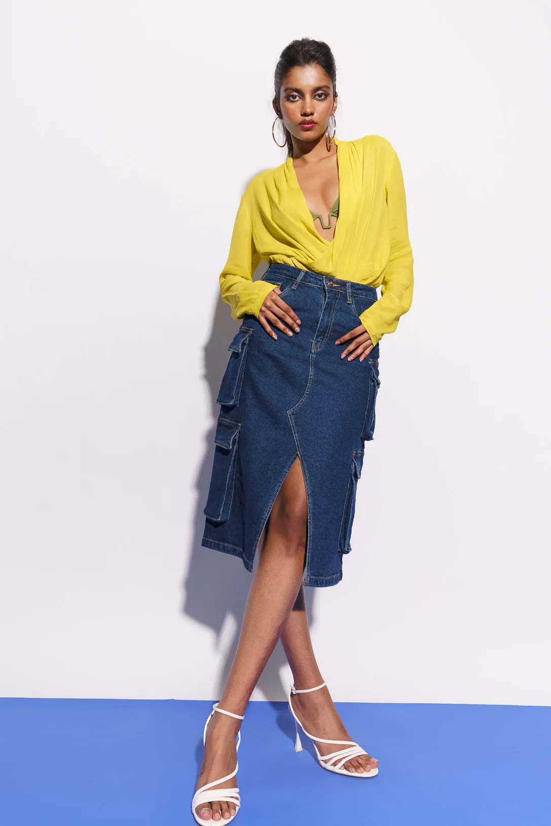 Blue Denim Midi Cargo Skirt With Slit