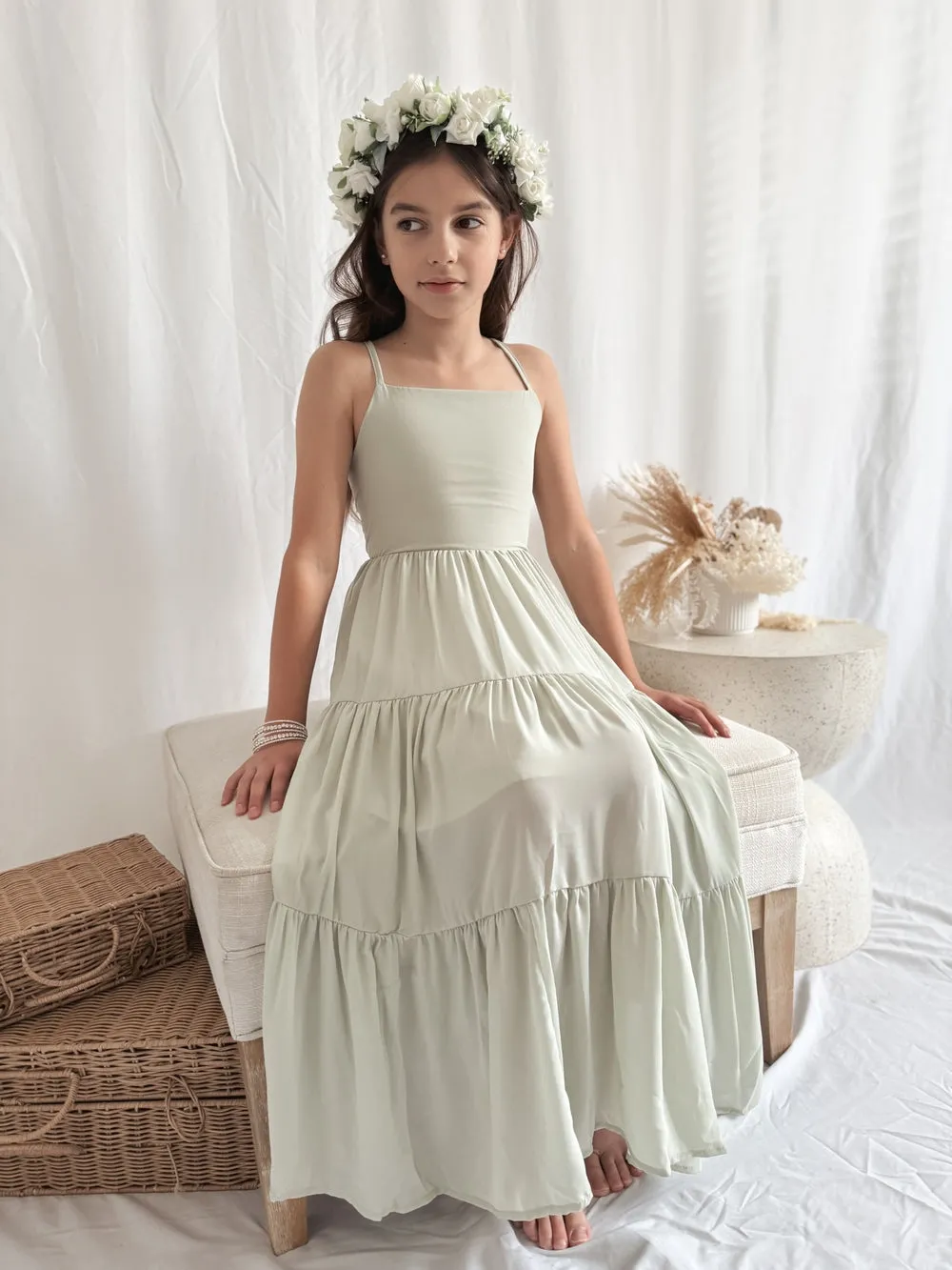 Clara Chiffon Girls Maxi Dress Sage Green