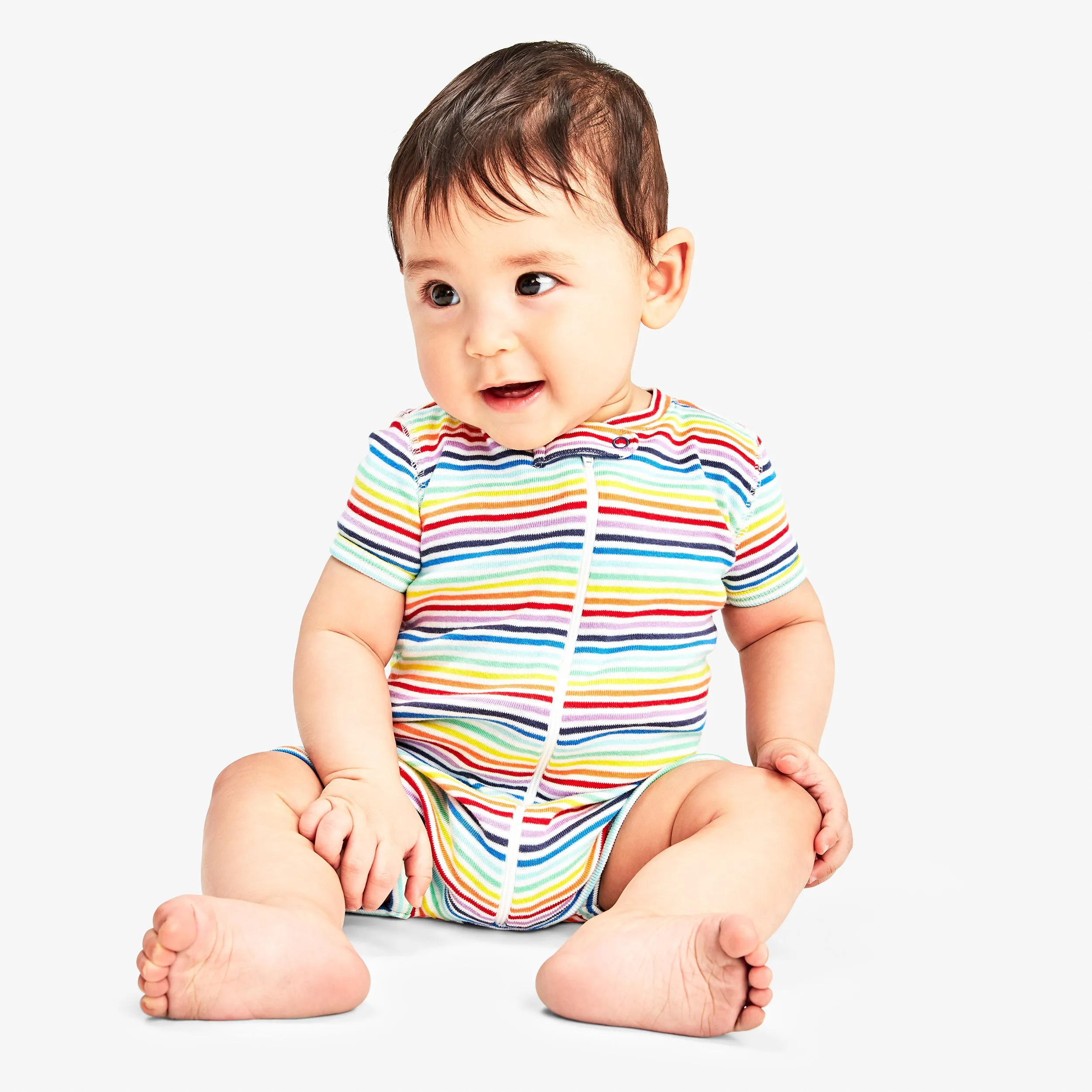 Clearance baby organic short sleeve zip romper in rainbow mini stripe