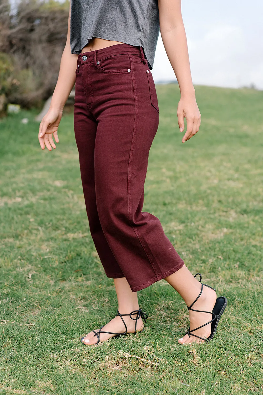 Eva High Rise Tummy Control Burgundy Wide Leg Jeans