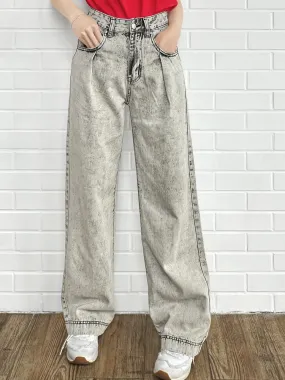 Last Chance! Light Grey Wash Pleated Front Wide Leg Jeans