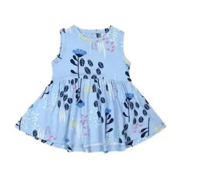 Nino Bambino 100% Organic Cotton Aqua Blue Leaves & Floral Sleeveless Frock For Baby Girls (Certified ORGANIC) - 1 Pc (12 To 18 Months)