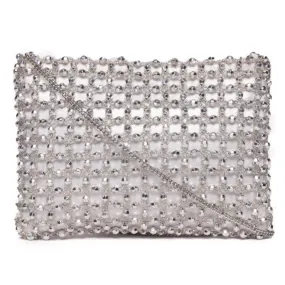 Silver  Beaded Clutch With Metal Chain Strap